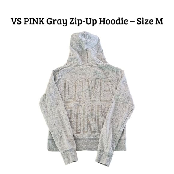 PINK Victoria's Secret Tops - VS PINK Gray Zip-Up Hoodie – Size M (LOVE PINK Back)